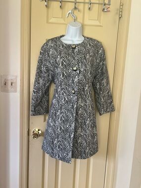 CAbi Black and White Chevron-Patterned Long Pea Coat